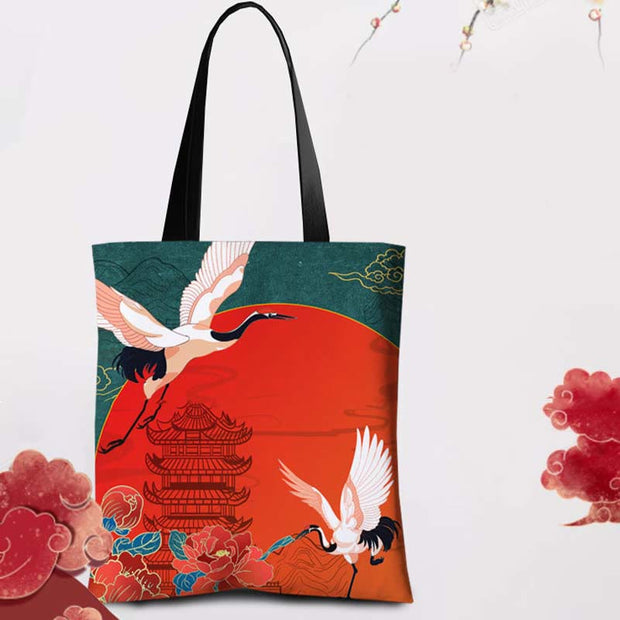 Buddha Stones Crane Peony Chinese Character Hua Dan Canvas Zipper Shoulder Bag Shoulder Bag BS 1