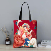 Buddha Stones Crane Peony Chinese Character Hua Dan Canvas Zipper Shoulder Bag Shoulder Bag BS Red Peony Chinese Character Hua Dan 31*35 cm