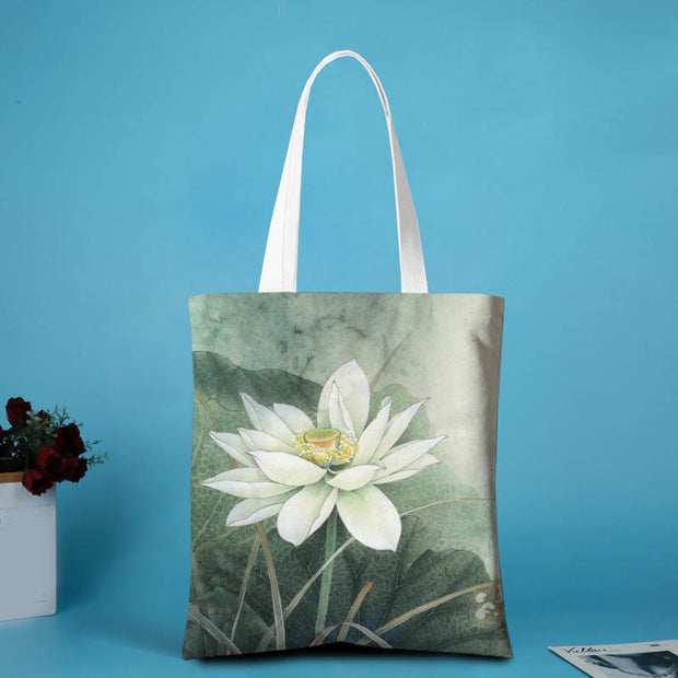 Buddha Stones Lotus Shape Canvas Shoulder Bag Shoulder Bag BS White Lotus - no zipper