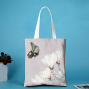 Buddha Stones Canvas Peony Shoulder Bag Shoulder Bag BS Four white magnolia butterflies - no zipper