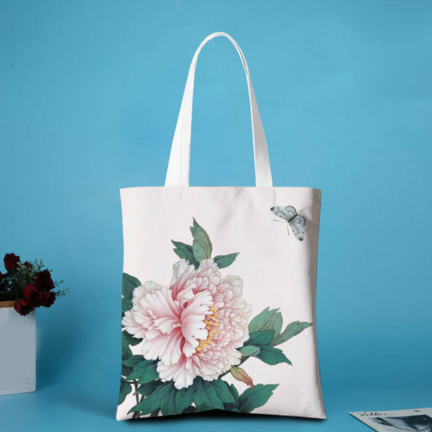 Buddha Stones Canvas Peony Shoulder Bag Shoulder Bag BS A pink peony butterfly. - No zipper