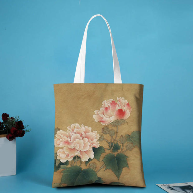 Buddha Stones Canvas Environmental Protection Shoulder Bag Shoulder Bag BS Two peonies. - no zipper