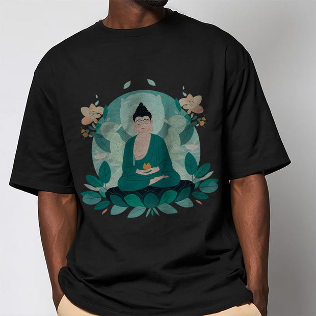 Buddha Stones Close Eyes Green Leaf Buddha Tee T-shirt