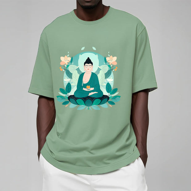 Buddha Stones Close Eyes Green Leaf Buddha Tee T-shirt