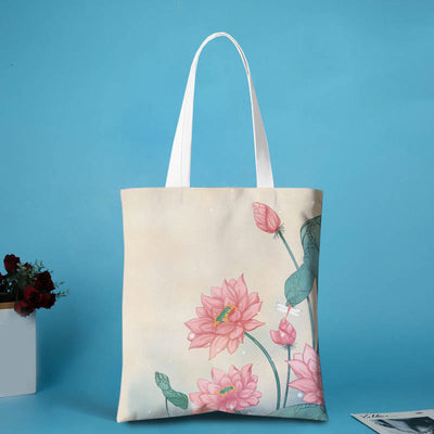 Buddha Stones Ink Painting Large Capacity Canvas Koi Fish Lotus Zipper Shopping Shoulder Bag Shoulder Bag BS Pink Lotus(31*35cm)