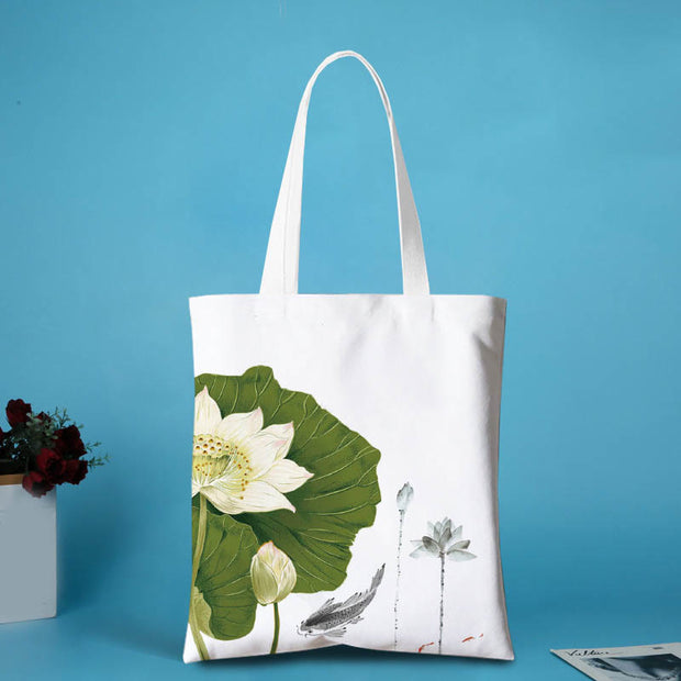 Buddha Stones Ink Painting Large Capacity Canvas Koi Fish Lotus Zipper Shopping Shoulder Bag Shoulder Bag BS White Lotus(31*35cm)