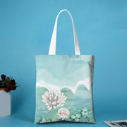 Buddha Stones Ink Painting Large Capacity Canvas Koi Fish Lotus Zipper Shopping Shoulder Bag Shoulder Bag BS Rain and Lotus(31*35cm)