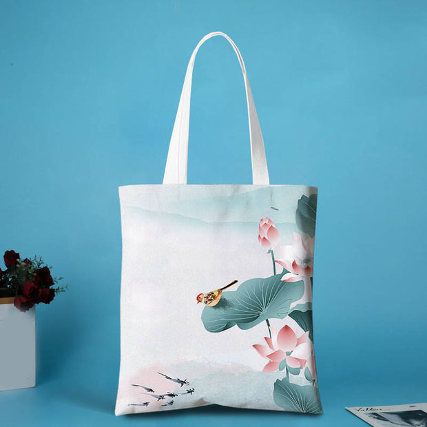 Buddha Stones Ink Painting Large Capacity Canvas Koi Fish Lotus Zipper Shopping Shoulder Bag Shoulder Bag BS Bird And Fish(31*35cm)