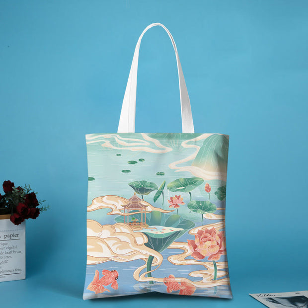 Buddha Stones Ink Painting Large Capacity Canvas Koi Fish Lotus Zipper Shopping Shoulder Bag Shoulder Bag BS Koi Fish(31*35cm)