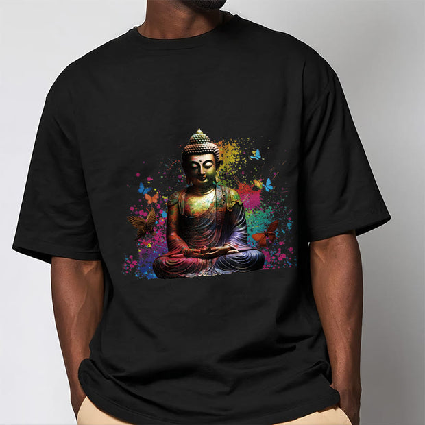 Buddha Stones Colorful Butterfly Flying Meditation Buddha Tee T-shirt