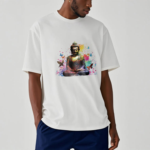 Buddha Stones Colorful Butterfly Flying Meditation Buddha Tee T-shirt