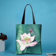 Buddha Stones Large Capacity Handmade Canvas Ink Lotus Dragonfly Shoulder Bag Shopping Bag Shoulder Bag BS Dragonfly(31*35cm)