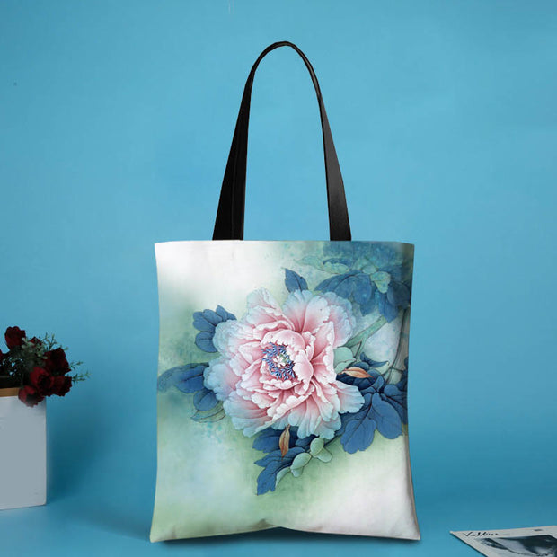 Buddha Stones Large Capacity Handmade Canvas Ink Lotus Dragonfly Shoulder Bag Shopping Bag Shoulder Bag BS Big Flower(31*35cm)