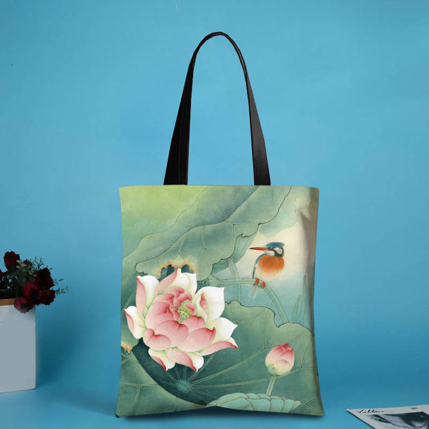 Buddha Stones Handmade Canvas Ink Lotus Koi Fish Shoulder Bag Shopping Bag Shoulder Bag BS Bird(31*35cm)