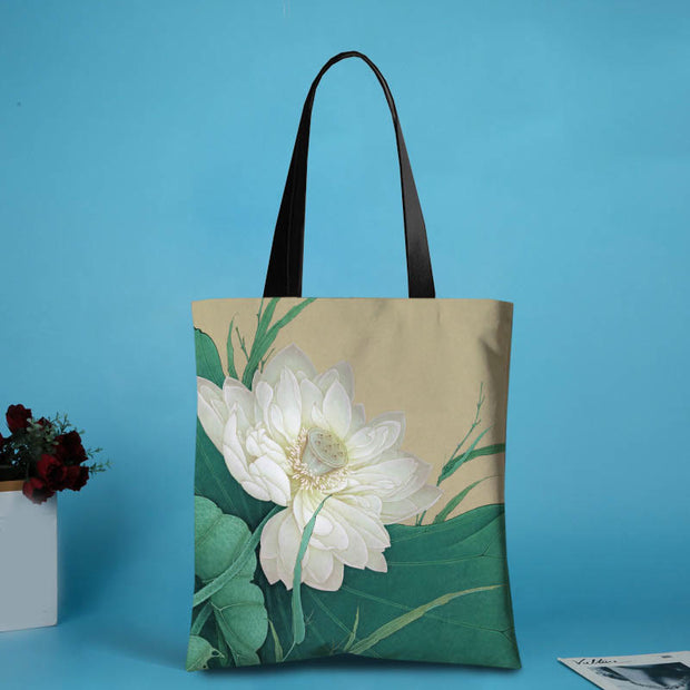 Buddha Stones Handmade Canvas Ink Lotus Koi Fish Shoulder Bag Shopping Bag Shoulder Bag BS White Lotus(31*35cm)