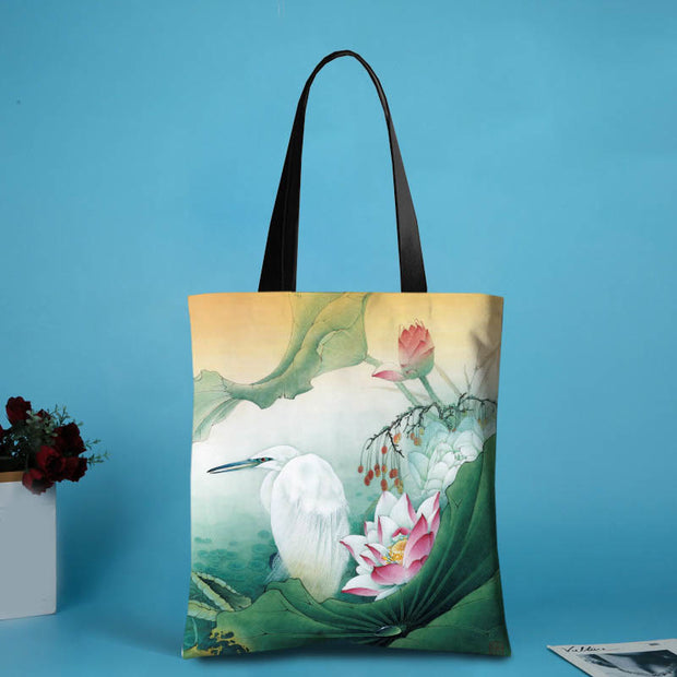 Buddha Stones Handmade Canvas Ink Lotus Koi Fish Shoulder Bag Shopping Bag Shoulder Bag BS Lotus Egret(31*35cm)