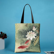 Buddha Stones Handmade Canvas Ink Lotus Koi Fish Shoulder Bag Shopping Bag Shoulder Bag BS Koi Fish(31*35cm)