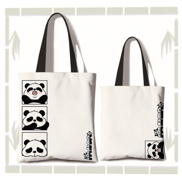 Buddha Stones Large Capacity Handmade Canvas Cute Panda Commuter Shoulder Bag Shopping Bag Shoulder Bag BS 3-Grids Emoji(zipper and inner pocket)