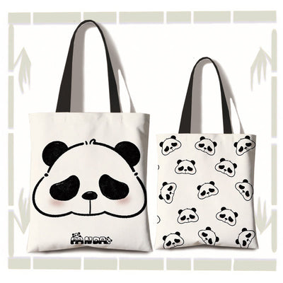 Buddha Stones Large Capacity Handmade Canvas Cute Panda Commuter Shoulder Bag Shopping Bag Shoulder Bag BS Profile(zipper and inner pocket)