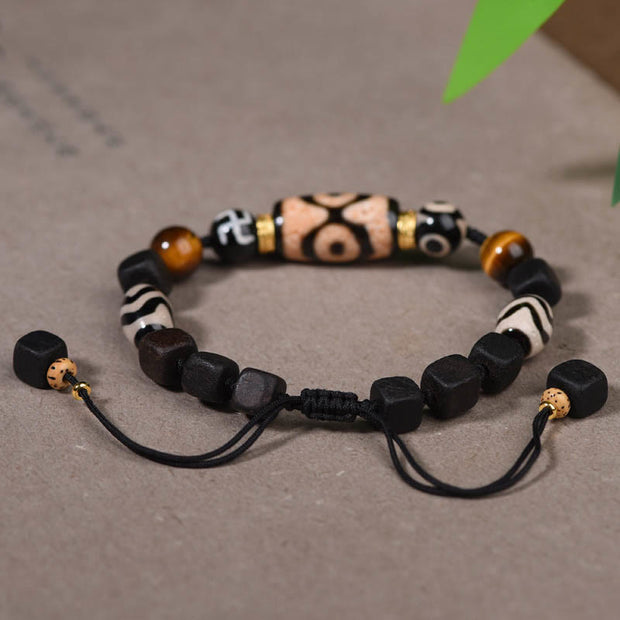 Buddha Stones Tibetan Ebony Wood Three-eyed Dzi Bead Swastika Luck Bracelet Bracelet BS 2