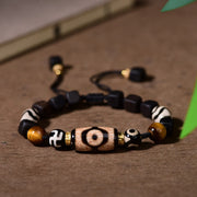 Buddha Stones Tibetan Ebony Wood Three-eyed Dzi Bead Swastika Luck Bracelet Bracelet BS Three-eyed Dzi Bead(Wrist Circumference 14-17cm)