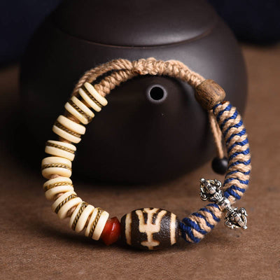 Buddha Stones Tibetan Yak Bone Dzi Bead Balance Strength Rope Bracelet Bracelet BS Yak Bone Dzi-Bead(Wrist Circumference 14-17cm)