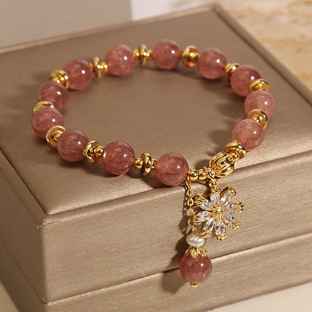 Buddha Stones Natural Strawberry Quartz Crystal Chrysanthemum Pearl Positive Bracelet Bracelet BS 2