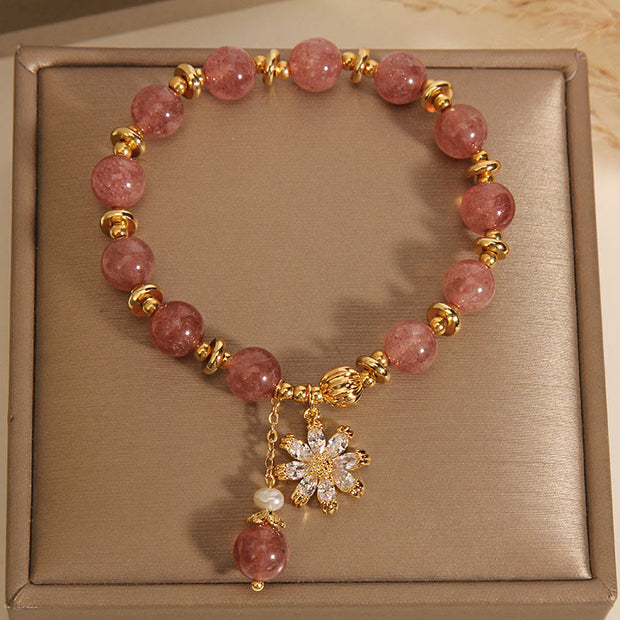 Buddha Stones Natural Strawberry Quartz Crystal Chrysanthemum Pearl Positive Bracelet Bracelet BS 1