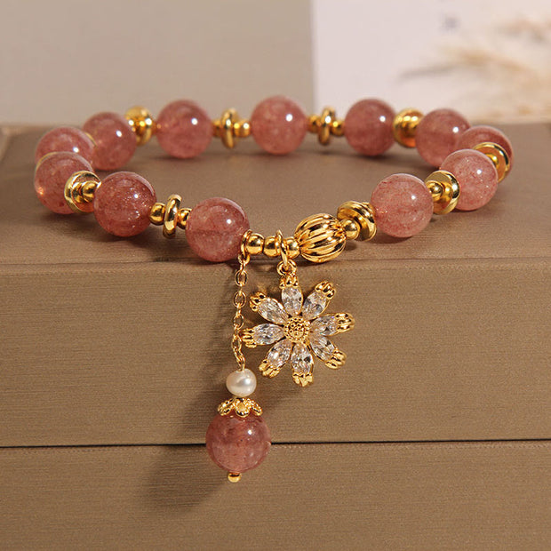 Buddha Stones Natural Strawberry Quartz Crystal Chrysanthemum Pearl Positive Bracelet Bracelet BS Chrysanthemum(Wrist Circumference: 15-17cm)