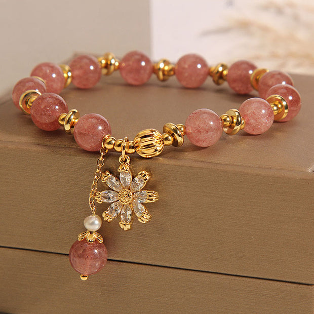 Buddha Stones Natural Strawberry Quartz Crystal Chrysanthemum Pearl Positive Bracelet Bracelet BS 6