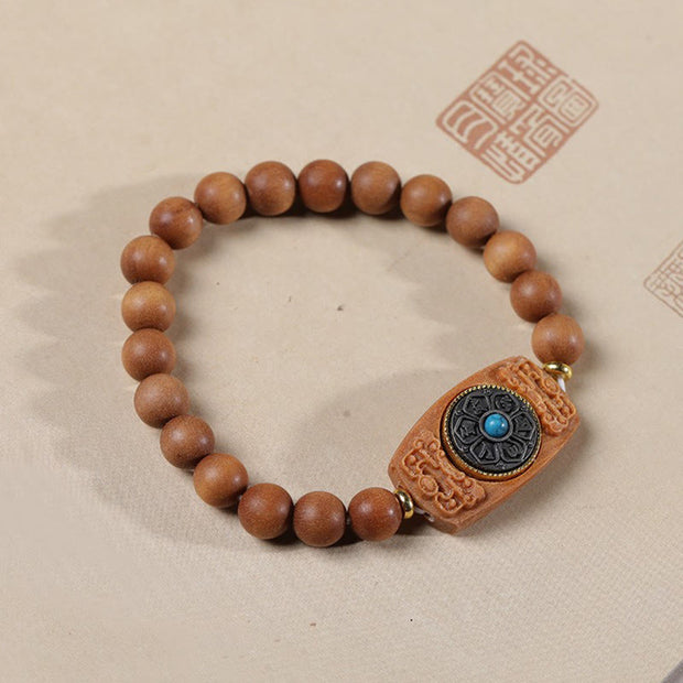 Buddha Stones Small Leaf Red Sandalwood Green Sandalwood Six True Words Peace Bracelet Bracelet BS Sandalwood(Wrist Circumference: 15-18cm)