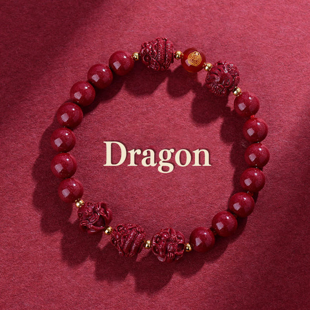 Buddha Stones Chinese Zodiac Cinnabar Keep Away Evil Spirits Blessing Bracelet Bracelet BS Dragon Cinnabar(12mm)