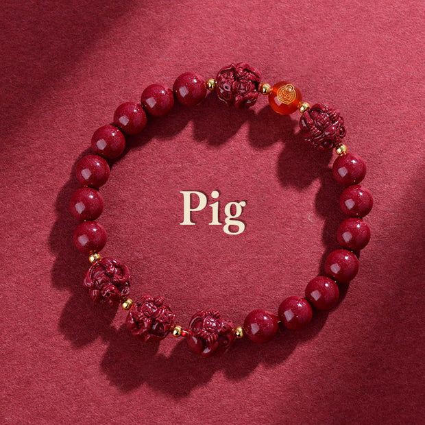 Buddha Stones Chinese Zodiac Cinnabar Keep Away Evil Spirits Blessing Bracelet Bracelet BS Pig Cinnabar(12mm)