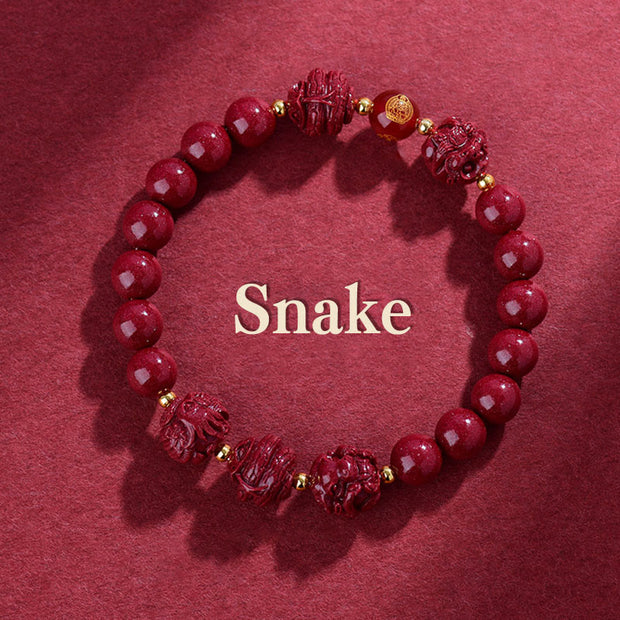 Buddha Stones Chinese Zodiac Cinnabar Keep Away Evil Spirits Blessing Bracelet Bracelet BS Snake Cinnabar(12mm)