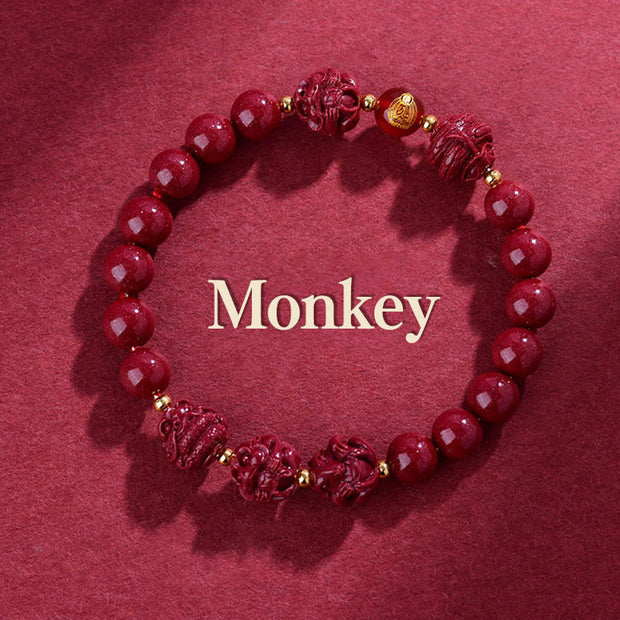 Buddha Stones Chinese Zodiac Cinnabar Keep Away Evil Spirits Blessing Bracelet Bracelet BS Monkey Cinnabar(12mm)