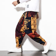 Buddha Stones Red Brown Graffiti Bird Print Cotton Men's Harem Pants With Pockets