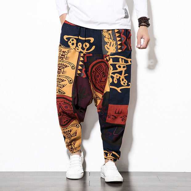 Buddha Stones Red Brown Graffiti Bird Print Cotton Men's Harem Pants With Pockets Men's Harem Pants BS 1