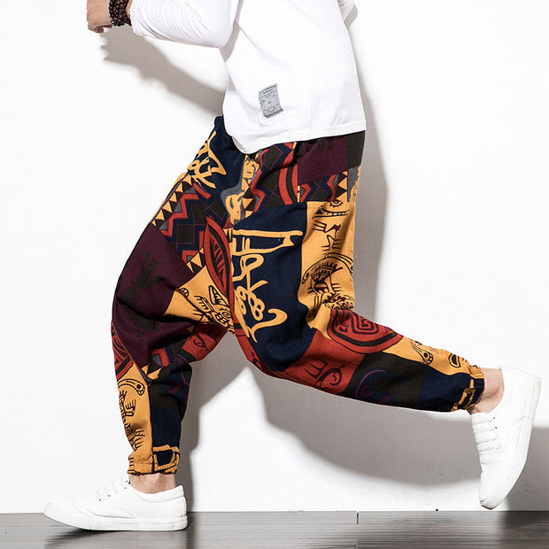 Buddha Stones Red Brown Graffiti Bird Print Men's Harem Pants With Pockets - image 10