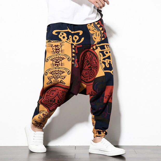 Buddha Stones Red Brown Graffiti Bird Print Cotton Men's Harem Pants With Pockets Men's Harem Pants BS 3