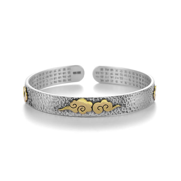 Buddha Stones Retro 999 Sterling Silver Heart Sutra Auspicious Cloud Wealth Cuff Bracelet Bangle