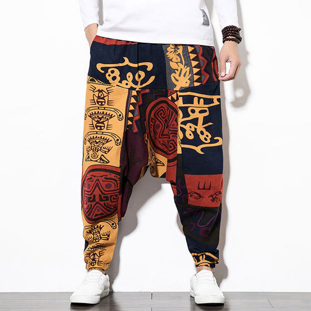 Buddha Stones Red Brown Graffiti Bird Print Cotton Men's Harem Pants With Pockets Men's Harem Pants BS 9