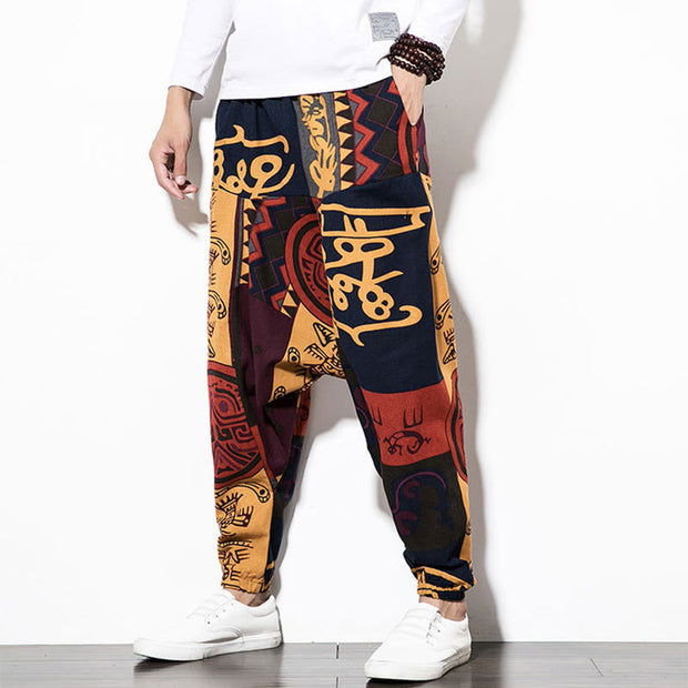 Buddha Stones Red Brown Graffiti Bird Print Cotton Men's Harem Pants With Pockets