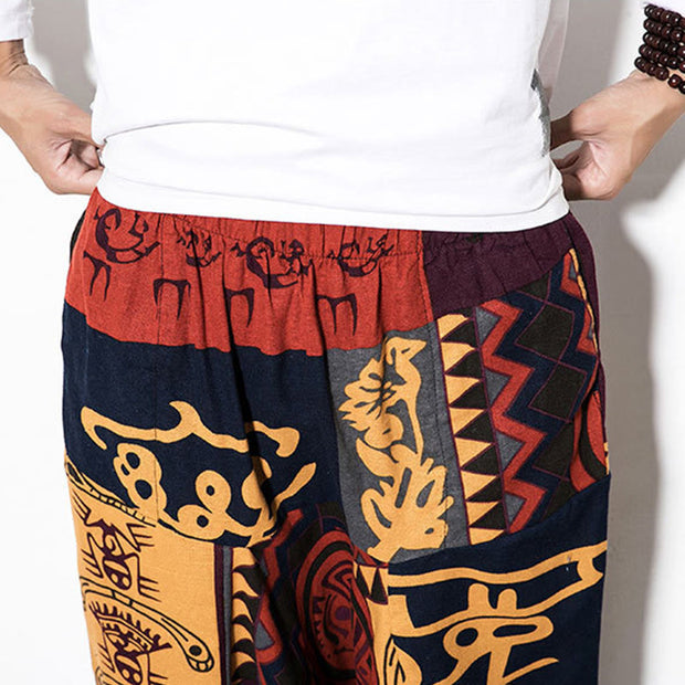 Buddha Stones Red Brown Graffiti Bird Print Cotton Men's Harem Pants With Pockets Men's Harem Pants BS 5