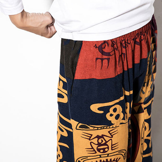 Buddha Stones Red Brown Graffiti Bird Print Cotton Men's Harem Pants With Pockets Men's Harem Pants BS 6