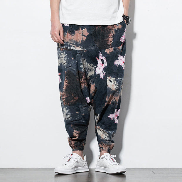 Buddha Stones Pink Lotus Ink Painting Print Cotton Men's Long Cropped Harem Pants With Pockets Men's Harem Pants BS 1