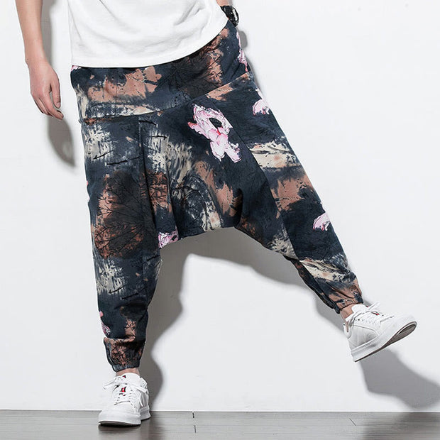 Buddha Stones Pink Lotus Ink Painting Print Cotton Men's Long Cropped Harem Pants With Pockets Men's Harem Pants BS 6