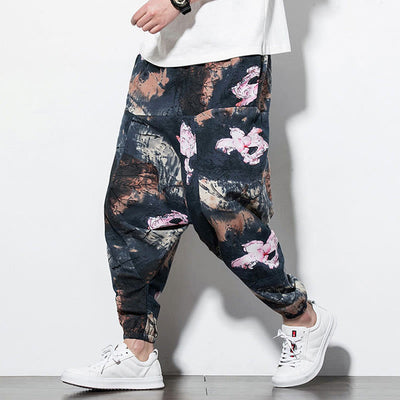 Buddha Stones Pink Lotus Ink Painting Print Cotton Men's Long Cropped Harem Pants With Pockets Men's Harem Pants BS Long Style Black 5XL(Fit for US/UK/AU46; EU56)