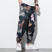 Buddha Stones Pink Lotus Ink Painting Print Cotton Men's Long Cropped Harem Pants With Pockets Men's Harem Pants BS 4