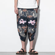 Buddha Stones Pink Lotus Ink Painting Print Cotton Men's Long Cropped Harem Pants With Pockets Men's Harem Pants BS 9