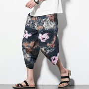 Buddha Stones Pink Lotus Ink Painting Print Cotton Men's Long Cropped Harem Pants With Pockets Men's Harem Pants BS Cropped Style Black 5XL(Fit for US/UK/AU46; EU56)